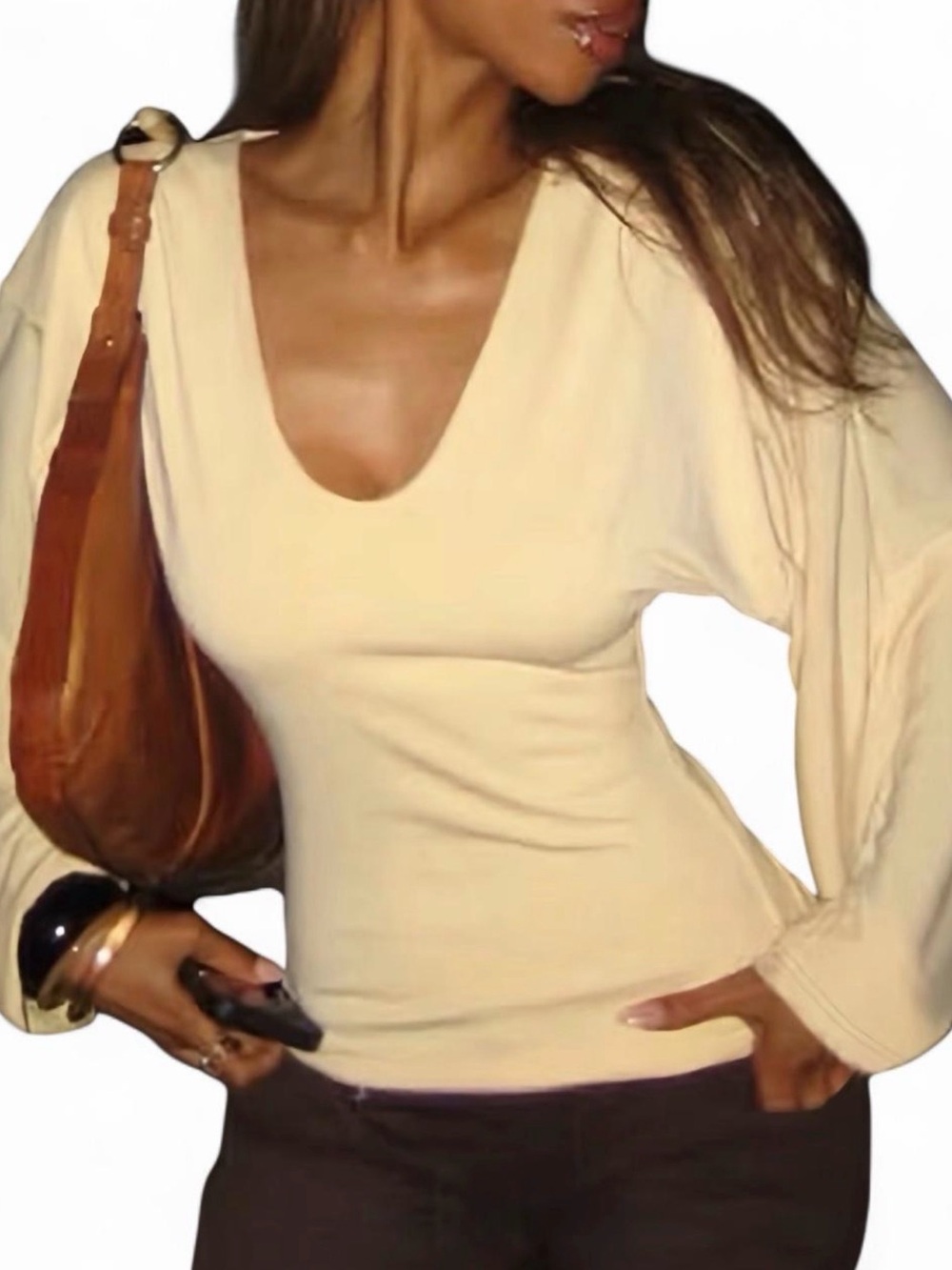 Slim Fit Cream V-Neck Long Sleeve Top